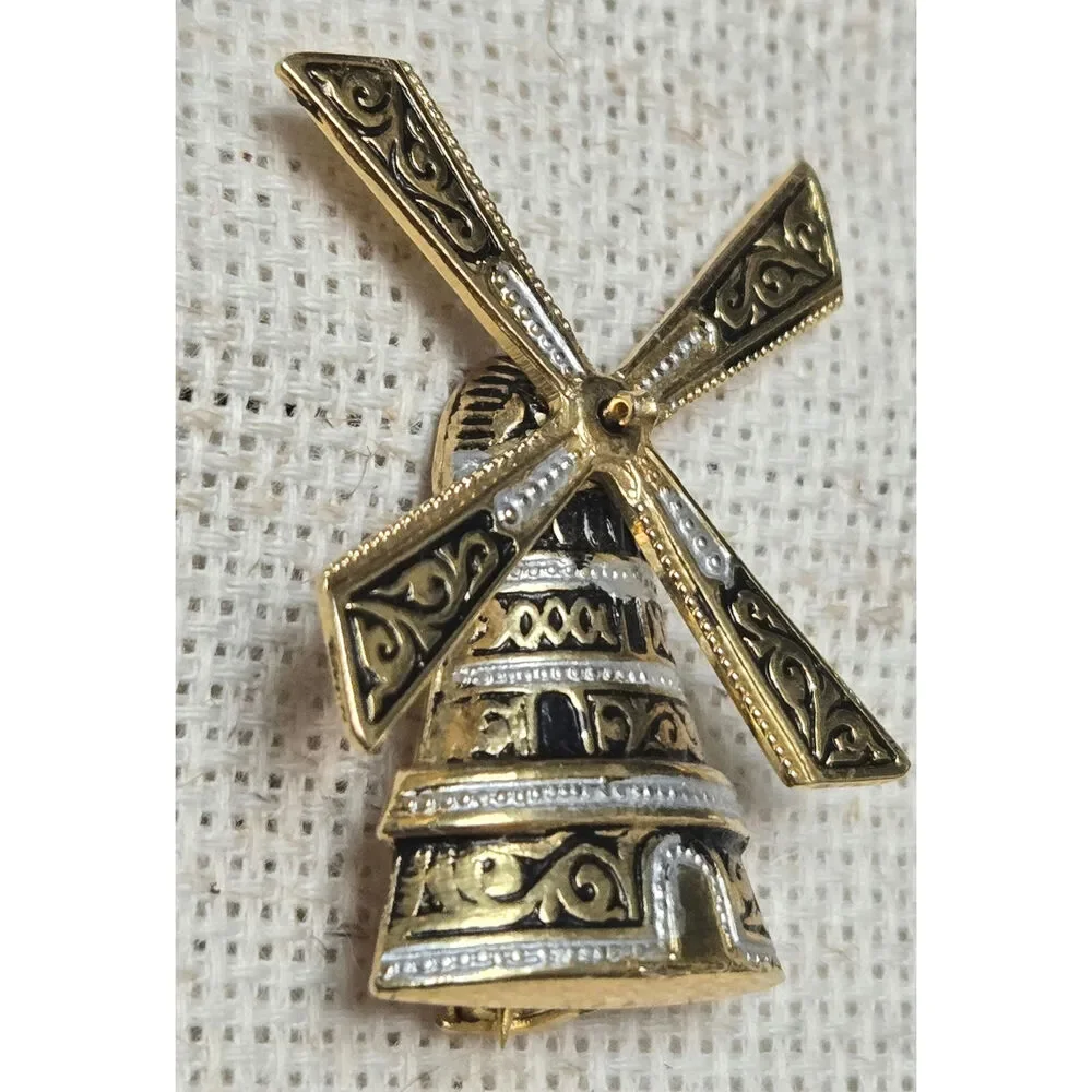 Vintage Spain Damascene Windmill Brooch Spins